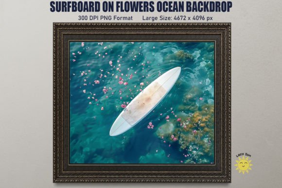 Surfboard on Flowers Ocean Backdrop