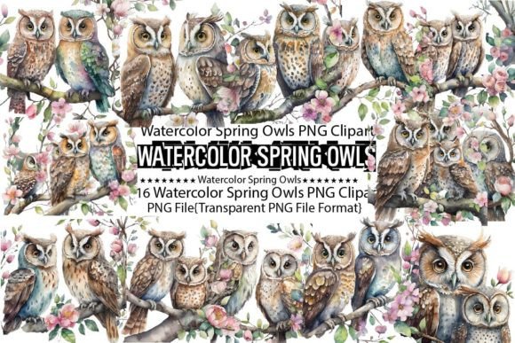 Watercolor Spring Owls Sublimation Bundl